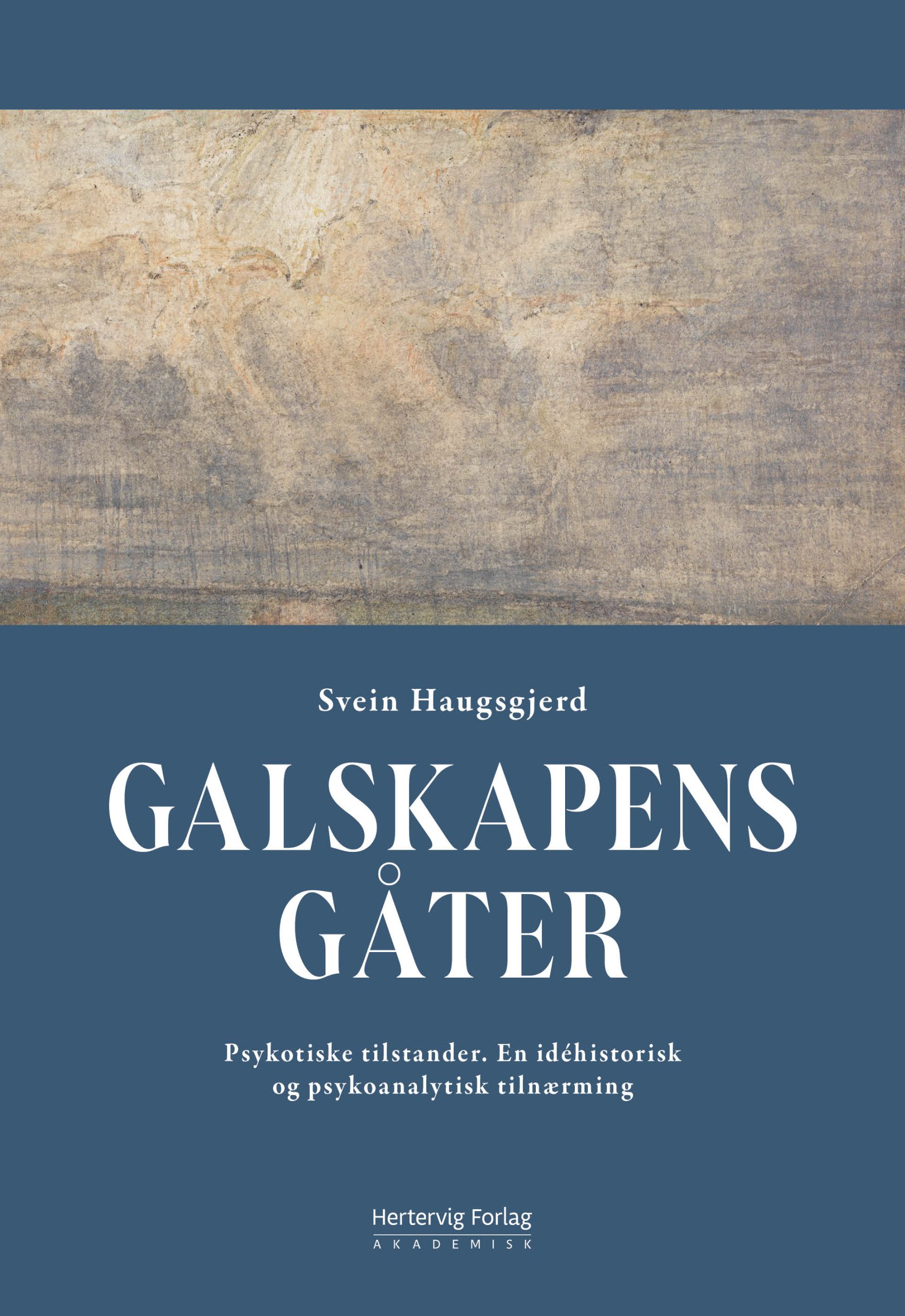 Forsiden til Galskapens Gåter med et maleri øverst og tittelen i hvitt på blå bakgrunn